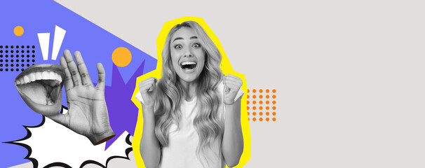 This collage features a lively collection of expressive faces and gestures. Bright colors, dynamic...