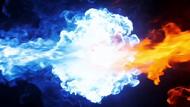 Dynamic clash of intense fire and cool blue ice energy streams, creating a powerful explosion of contrasting elements.