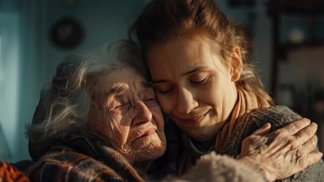 An elderly woman is embraced by a younger woman in a tender moment. They are seated together on a couch and share an intimate hug. This captures the essence of love