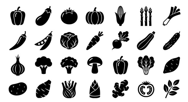 Vector silhouette collage of assorted vegetables in a grid