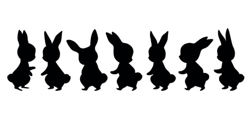 Set of rabbit silhouettes. Easter bunnies. Isolated on a white background. Simple black icons of hares. Cute animals for logo, emblem, pictogram, print, design element, greeting card. Spring collectio