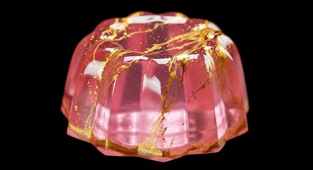 A pudding molded like a shiny gemstone, with translucent pink and gold hues. 