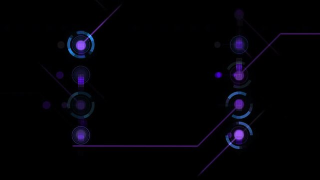 Futuristic HUD interface animation with circuit-style glowing blue and purple elements on black background
