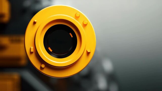The shows a close-up view of an industrial camera with a yellow protective ring attached to it.