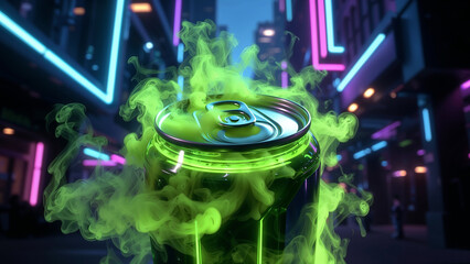 Neon Green Energy Drink Can with Glowing Smoke Effect in Cyberpunk City Night