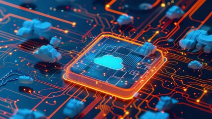 Digital cloud on in neon lights. Serverless technology on hybrid cloud network with modern digital infrastructure equipment. Concept Serverless Technology, Digital Infrastructure, web storage - Powered by Adobe