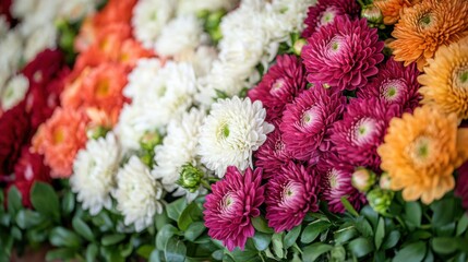 Vibrant chrysanthemum blossoms arrayed in spectrum of colors create a lively floral composition