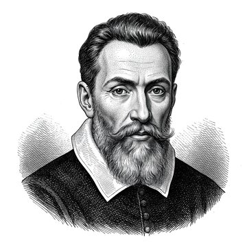 Black and white vintage engraving, close-up headshot portrait of Claudio Giovanni Antonio Monteverdi, the famous historical Italian classical music composer, white background, greyscale