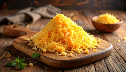Shredded Yellow Cheese and Assorted Blocks on Rustic Wooden Cutting Board with Peppercorns for Culinary Photography Recipe Inspiration and Gourmet Food Styling in Warm Kitchen Setting