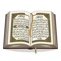 An illustration of an open Holy Quran book with Arabic script and a bookmark, symbolizing Islamic faith and teachings