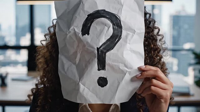 Businesswoman covering face using a white paper sheet with drawn question mark, like a mask, for hiding her identity