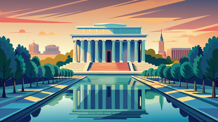 Obraz premium Very beautiful illustration of the Lincoln Memorial and its reflecting pool, symmetrical composition, soft daylight, calm water surface, and timeless atmosphere crafted for elegant vector design.