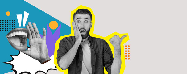 This colorful collage showcases a man displaying surprise and excitement. He is framed by dynamic graphic elements like speech bubbles and hands, enhancing the lively atmosphere.