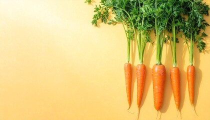 Fresh Organic Carrots with Green Tops on Bright Yellow Background for Healthy Eating Nutrition Agriculture and Food Photography Concepts Highlighting Vibrant Produce and Natural Wellness Lifestyle