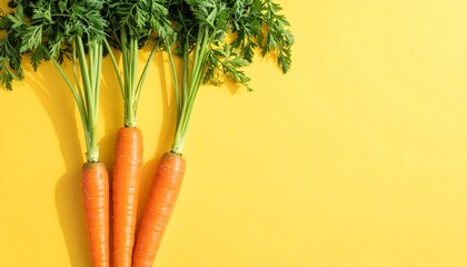 Fresh Organic Carrots with Green Tops on Bright Yellow Background for Healthy Eating Nutrition Agriculture and Food Photography Concepts Highlighting Vibrant Produce and Natural Wellness Lifestyle