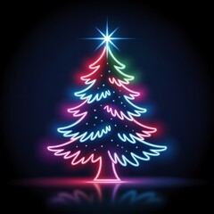 Neon christmas tree glowing with colorful lights and star on dark background