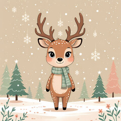 Cute Baby Reindeer in Snowy Winter Forest, Whimsical Christmas Illustration with Pastel Colors, Cozy Holiday Cartoon Deer for Kids, Greeting Cards, and Festive Designs