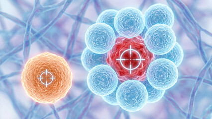 Medical illustration showing immune system cells surrounding and targeting red cancer or virus cell with crosshairs on blue background. Scientific visualization of immunotherapy and cellular defense.