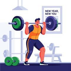 Man Squatting with Barbell in Gym New Year Fitness Goal.