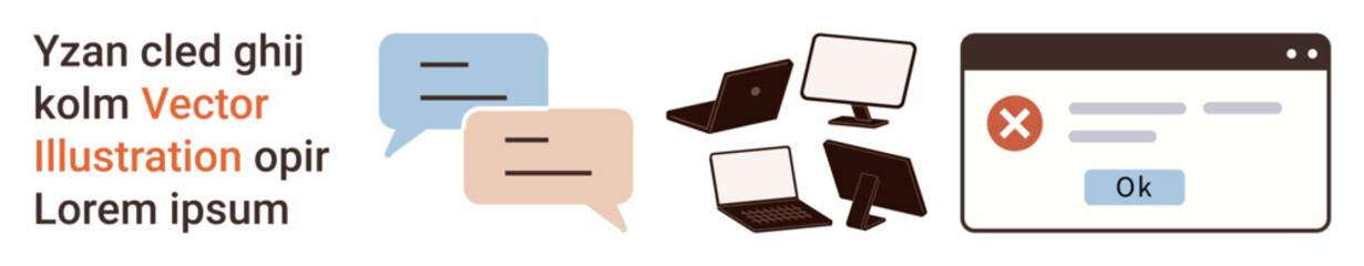 Digital communication, troubleshooting, dialogue systems, online interaction, error handling, workflow. Speech bubbles, laptop desktop error window. Digital communication and troubleshooting