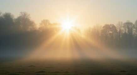 Field with a sun shining through the fog