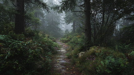 A foggy forest trail with trees and lush greenery, a captivating scene
