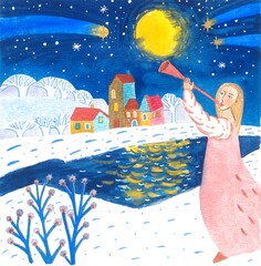 Watercolor illustration, angel walking into town.