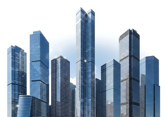 Fototapeta premium Modern cityscape with tall blue glass skyscrapers against a cloudy sky