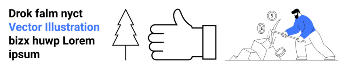 Business growth, economic mining, resource extraction, labor reward, wealth generation, environment. Miner breaking rocks for coins, tree and thumbs-up icons. Business growth and economic mining