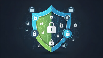 A vibrant digital shield surrounded by interconnected nodes and multiple padlock icons represents robust cyber security on a dark background.