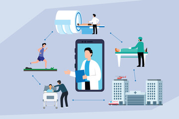Comprehensive Connected Healthcare Network: Telemedicine, Remote Diagnosis, and Digital Patient Services 2d flat vector illustration