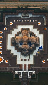 Aerial High Angle View of Swaminarayan Akshardham Temple in Delhi India with Hazy Urban Cityscape