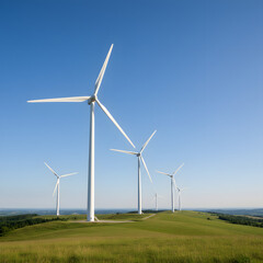 Fototapeta premium Tall white wind turbines on a green grassy hill under a clear blue sky representing clean renewable energy, environmental sustainability, and peaceful modern power generation