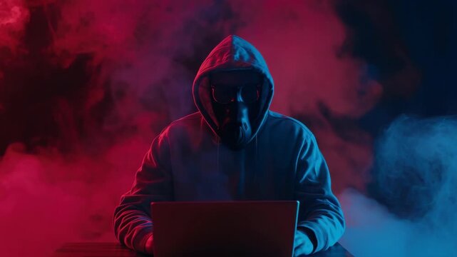 The shows a person wearing a hoodie sitting at a desk with a laptop, immersed in their work. They are surrounded by low light that casts an intense glow on the scene.