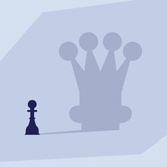 Pawn Casting Queen Shadow: Potential, Ambition, and Career Transformation 2d flat vector illustration