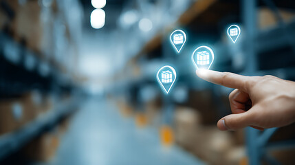 Hand touching glowing location markers with package icons in warehouse finger
