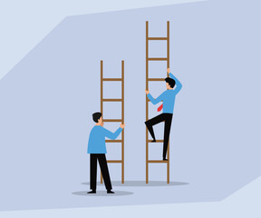 Unequal Opportunity or Ambition: Businessmen Climbing Ladders of Different Heights 2d flat vector illustration