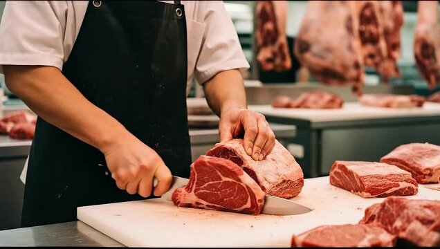 Professional butcher skillfully cuts a large raw beef steak with a sharp knife on a cutting board in a butcher shop.