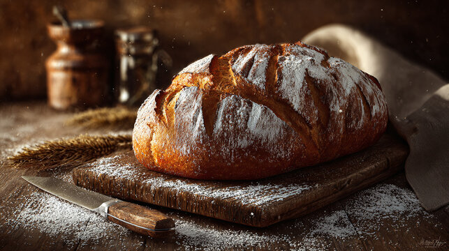 A rustic loaf of freshly baked bread sits on a wooden board, dusted with flour. The scene evokes warmth and the comforting aroma of a bakery