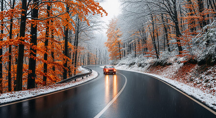 Image of red car on winding road amid autumn and winter forest, suggesting travel, transition and adventure, symbolizing seasonal change