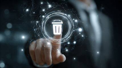 Hand touching holographic trash bin icon with digital network finger pointing