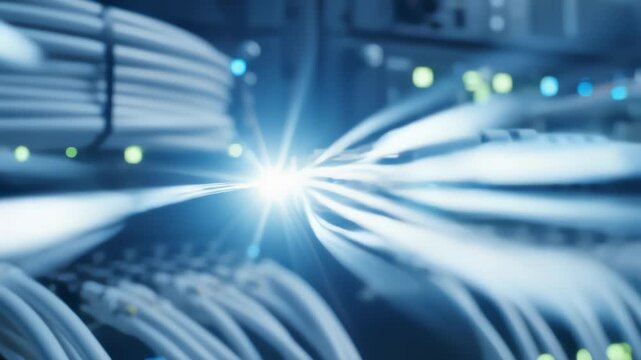 Fiber Optic Cable Transmitting Data Across Network Server Equipment