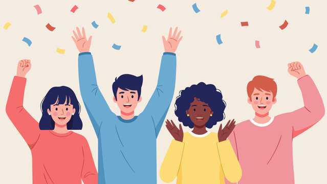 A diverse group of four young adults celebrating with their hands raised and confetti falling around them.