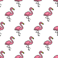 pixel flamingo  Seamless Pattern vector background pixel art for 8 bit game	