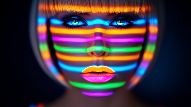 Close-up portrait of woman with glowing neon stripes on face, colorful futuristic fashion look in dark background