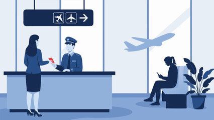 A woman presents her passport to a uniformed officer at an airport check-in counter, with a plane visible outside the window.