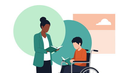 A teacher reads a book to a student in a wheelchair, symbolizing education and inclusivity.