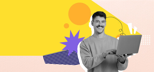 A cheerful man stands with a laptop, engaged in activity, surrounded by colorful geometric shapes in a modern collage style. The scene is lively and visually striking.