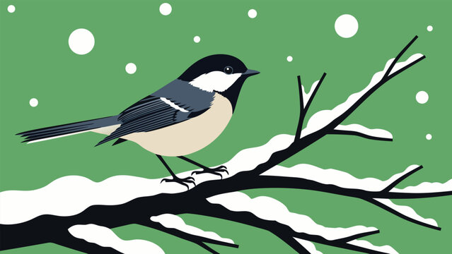 A charming illustration of a black-capped chickadee perched on a snow-covered branch during a gentle snowfall.