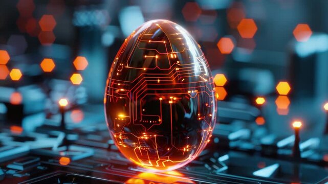 An egg with digital circuitry pattern, symbolizing artificial intelligence or high-tech development, sits atop a complex circuit board.